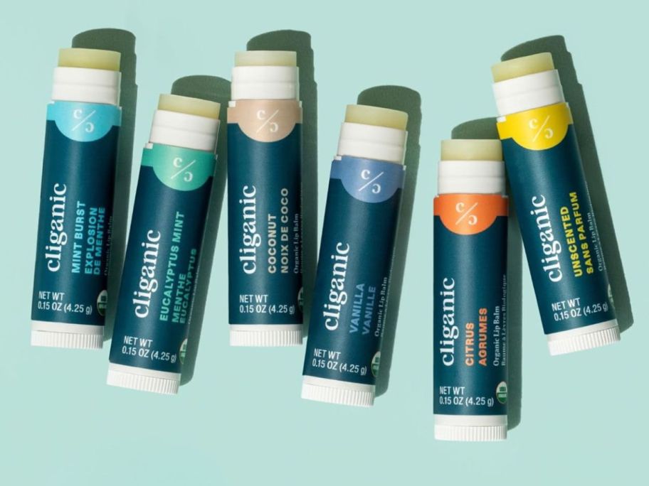 6 limp balm tubes against a mint background