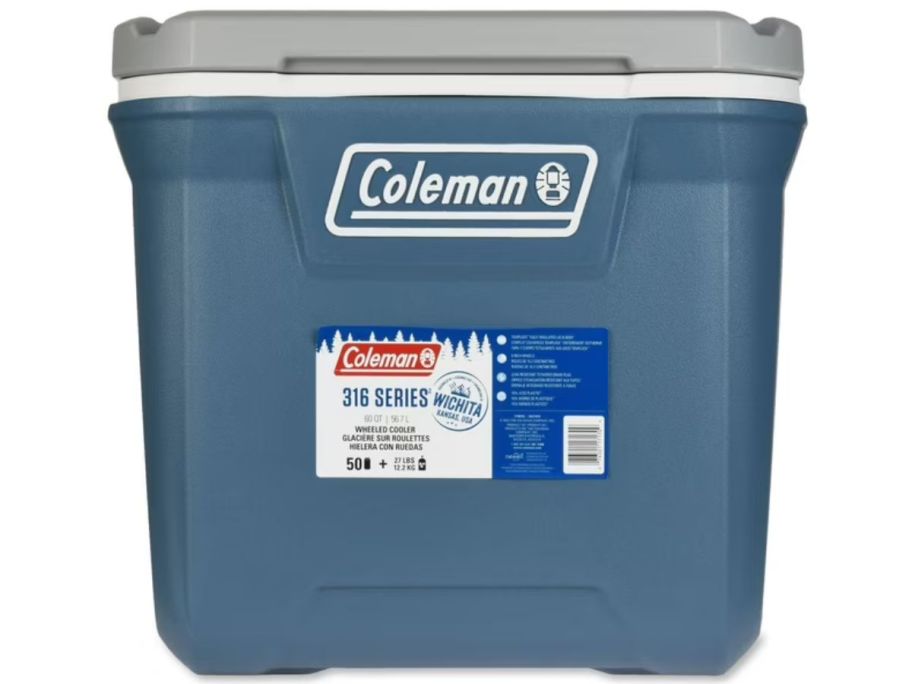 A large blue Coleman Cooler 