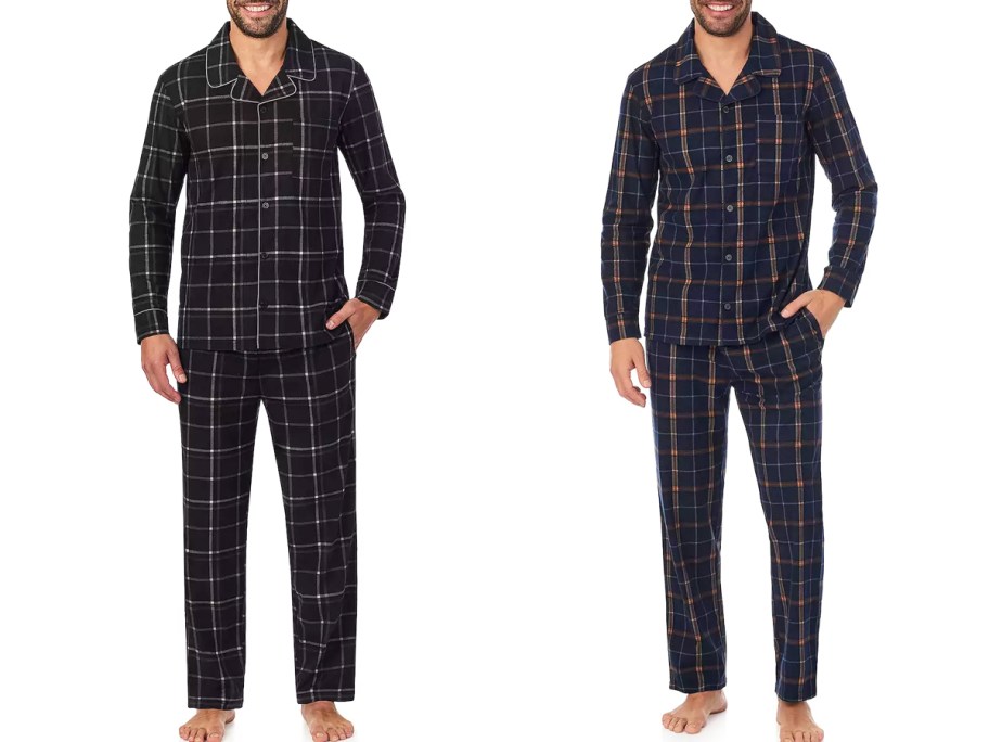 two men in matching plaid pajama top and bottom sets