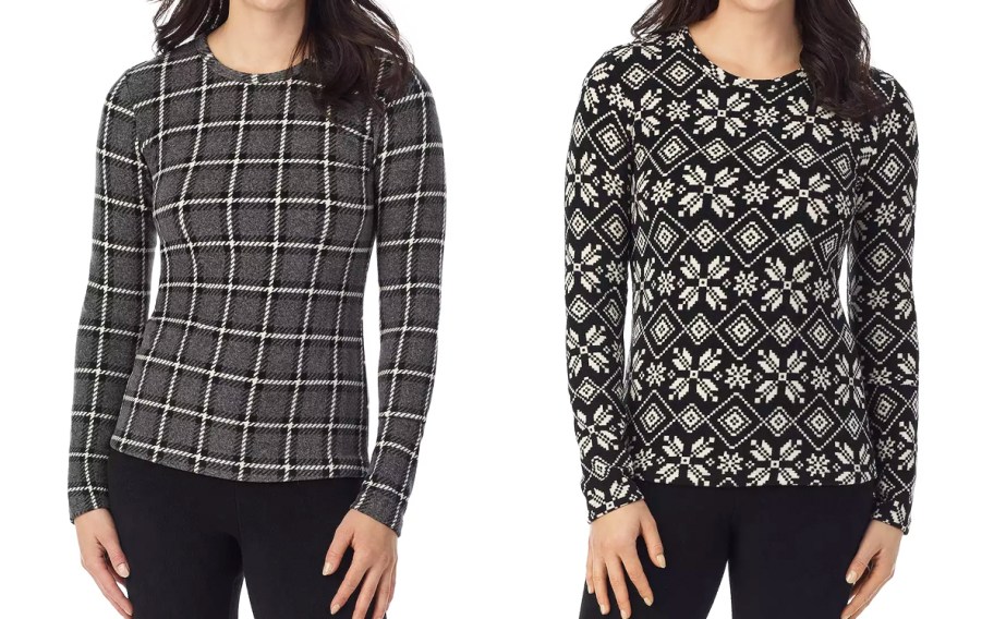 two women in printed long sleeve tops