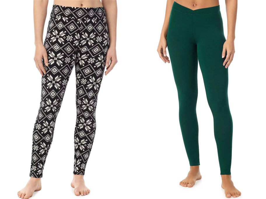 women in black/white snowflake print and solid green leggings