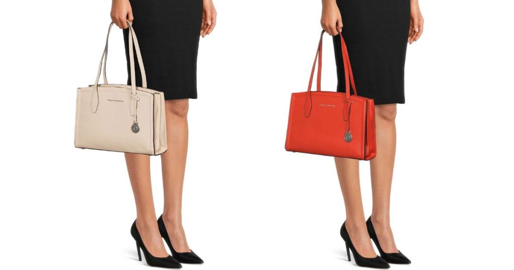 woman carrying cream tote bag and woman carrying burnt orange tote bag