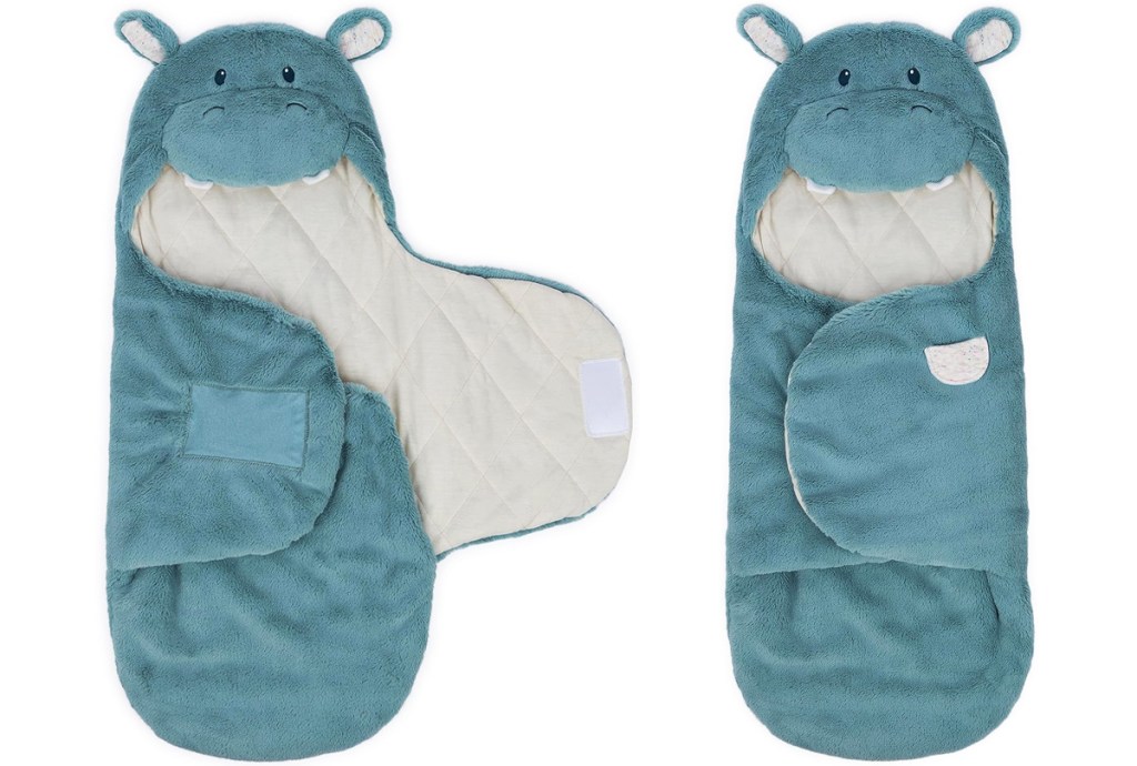 two views of a blue hippo baby blanket wrap