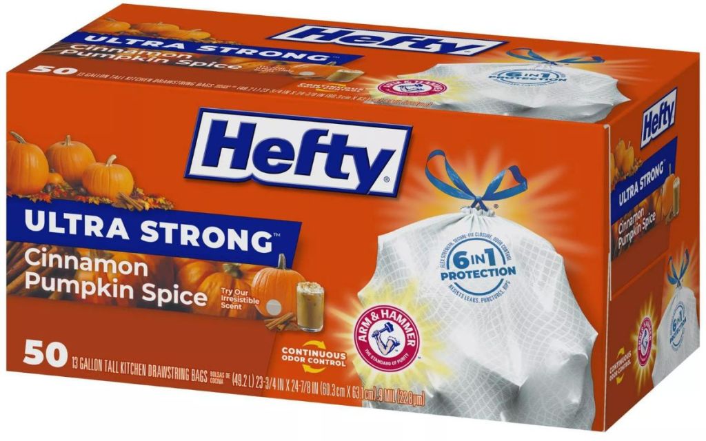 A box of Hefty Pumpkin Spice