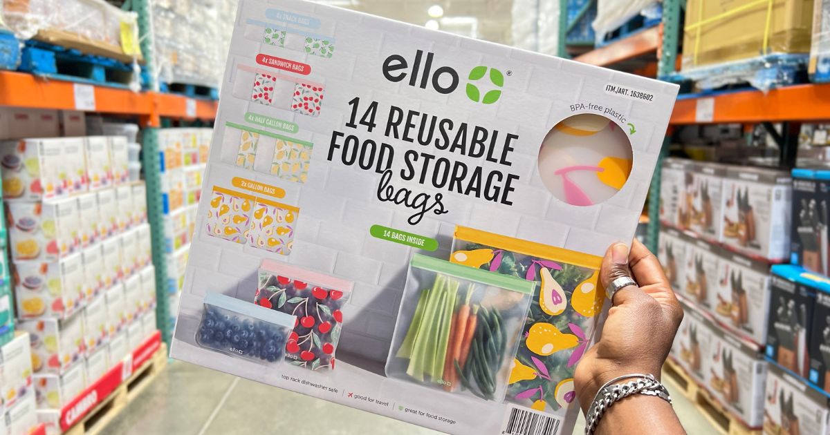 ello Reusable Food Storage Bags 14-Piece Set at Costco with a woman's hand holding it