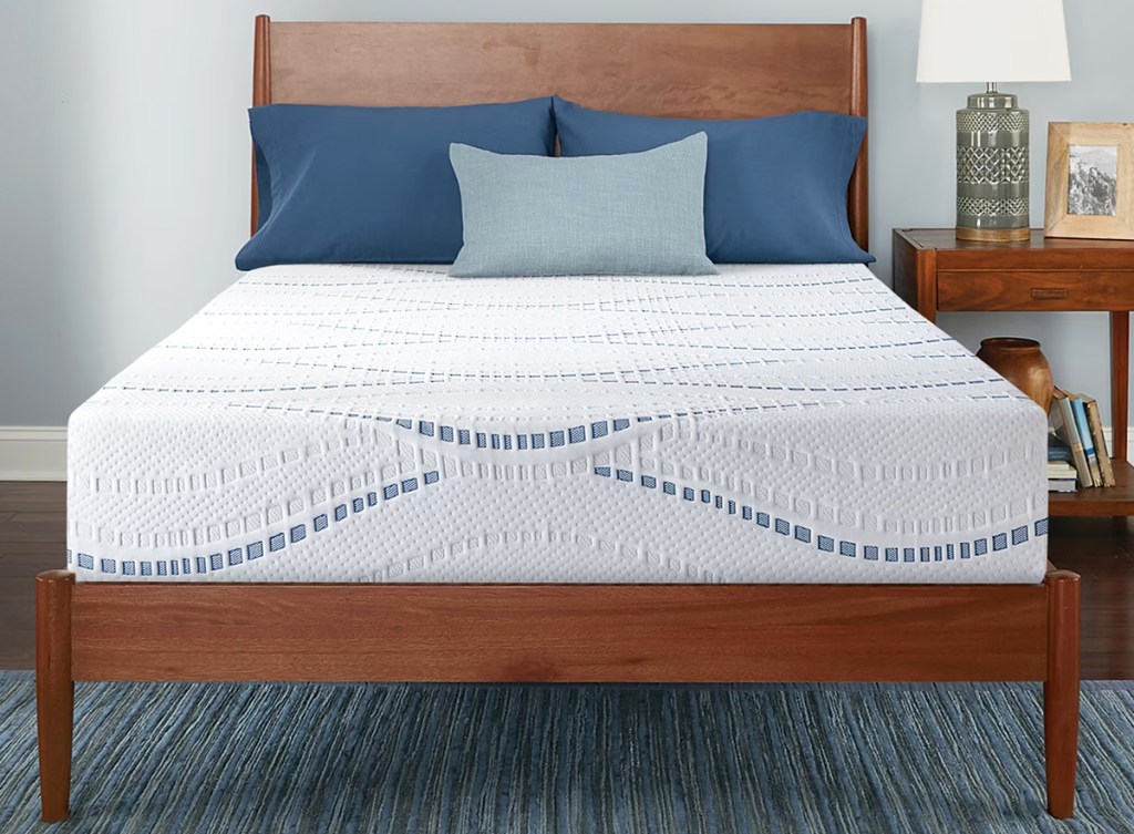 memory foam mattress on a wood bed frame