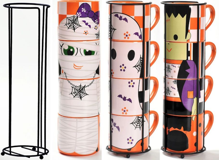 3 sets of decorative halloween themed stacking mugs