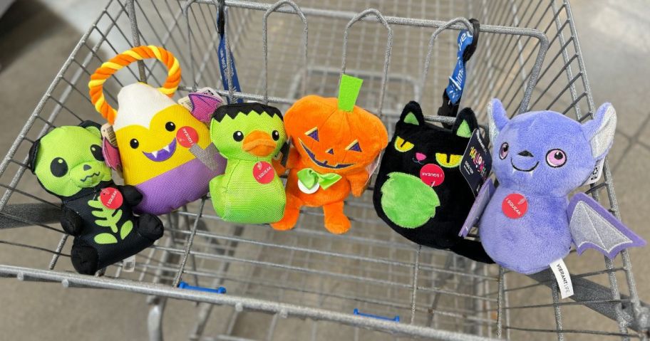 Vibrant Life Halloween Squeaky Plush Dog Toys in cart in store