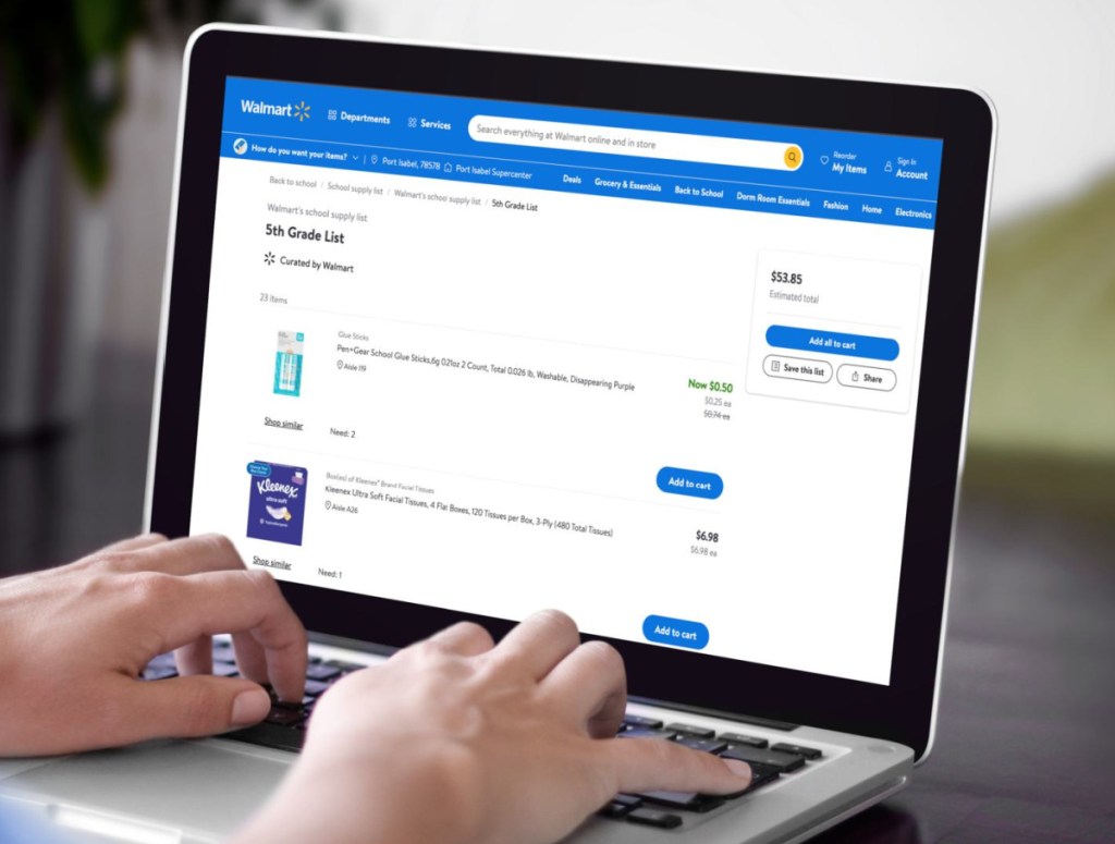Walmart School Supply List shown on the onlineputer