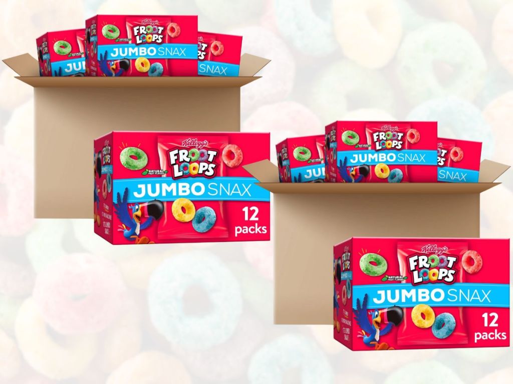 two 48 packs of froot loops jumbo snax with cereal background