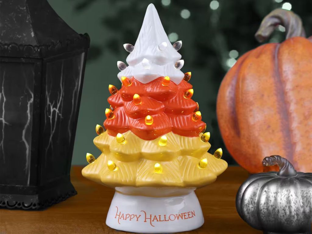 white orange and yellow ceramic Halloween candy corn tree