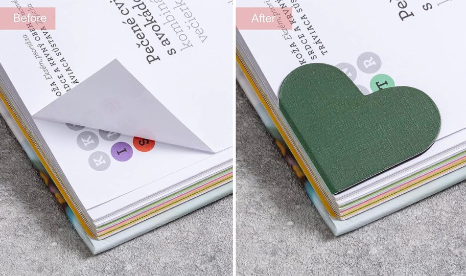 before and after showing close up of book with bent page vs heart shaped bookmark on edge