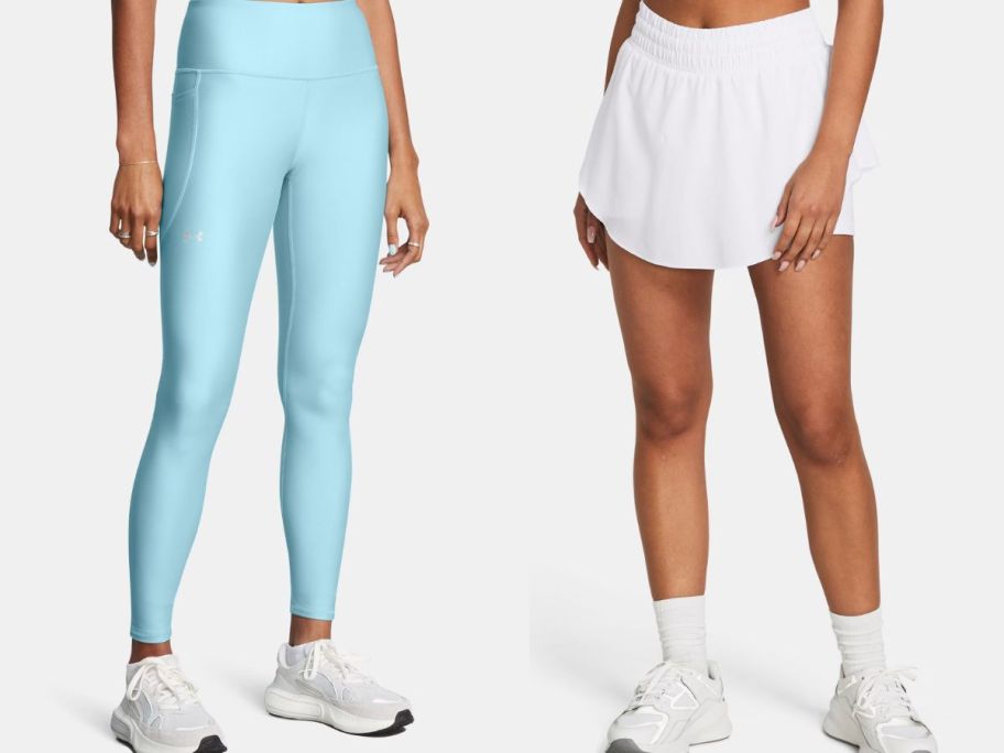 two women wearing under armour leggings and skort