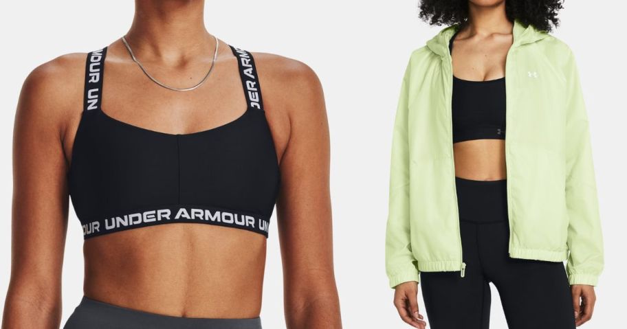 two women wearing under armour bra and windbreaker