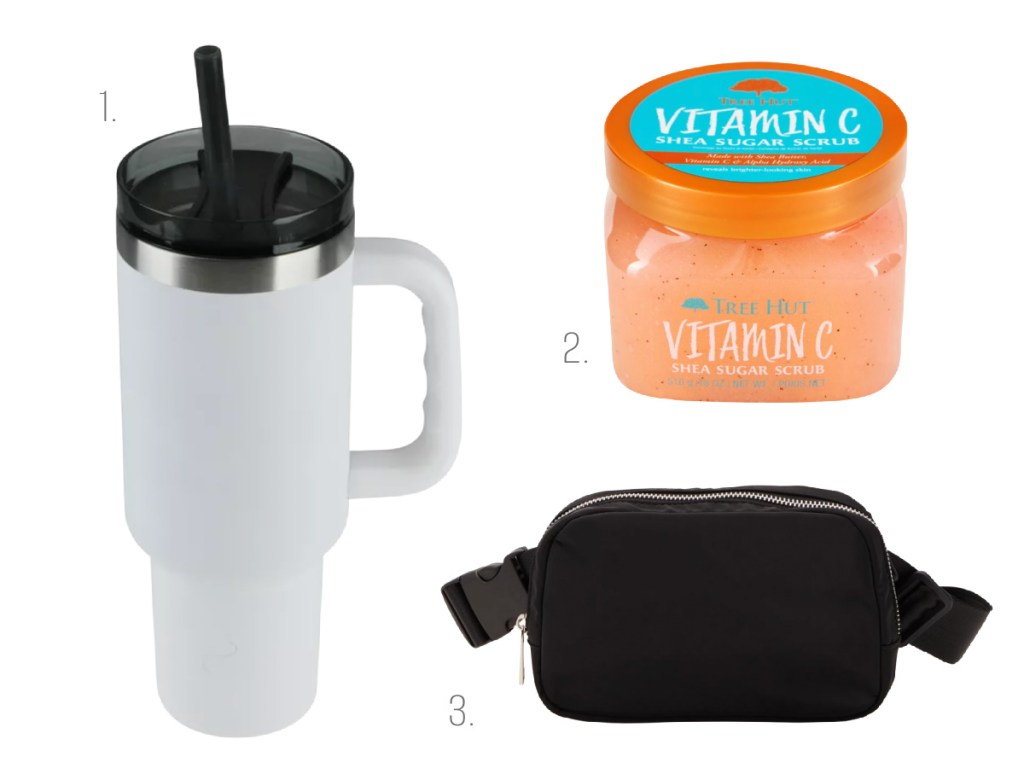 trending tumbler, body scrub, and fanny pack