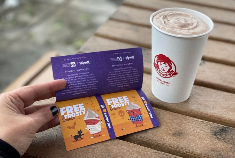 hand holding side of wendys boo book with coupons for free frostys - what to buy in september