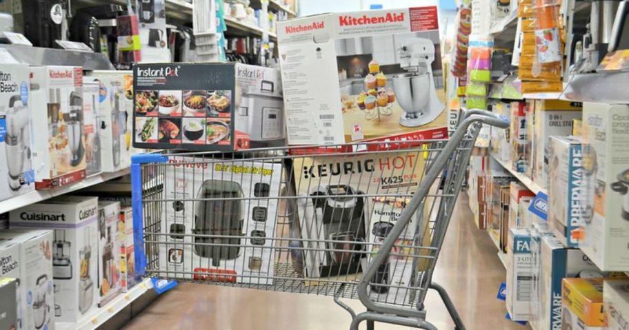 Walmart Shopping Cart with kitchen appliances in store