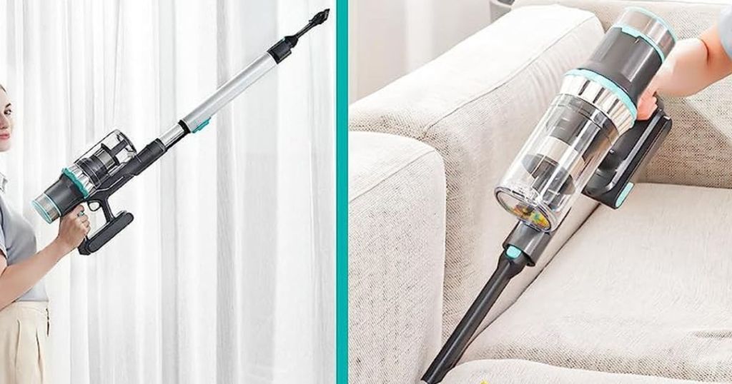 shot of woman vacuuming curtains and shot of woman vacuuming couch cushions