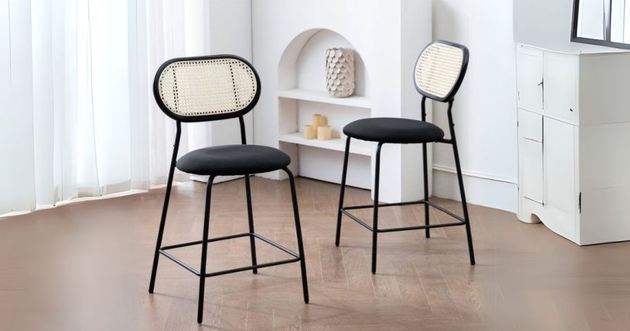 Black Metal Frame Rattan Bar Stool 2-Piece Set w/ Velvet Black Seats in dining room