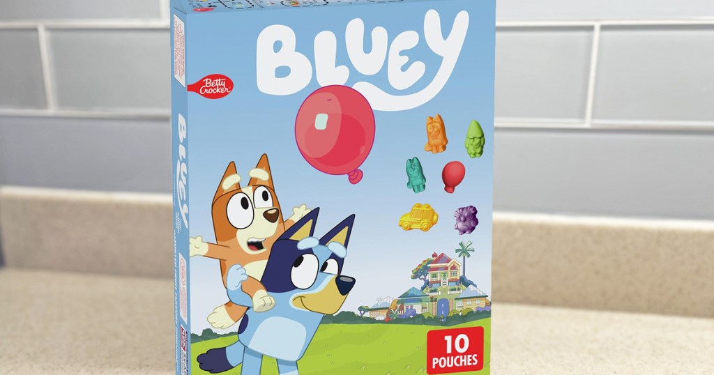 box of Bluey fruit snacks on kitchen counter