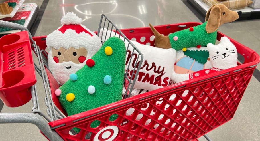 Christmas throw pillows inside of target cart