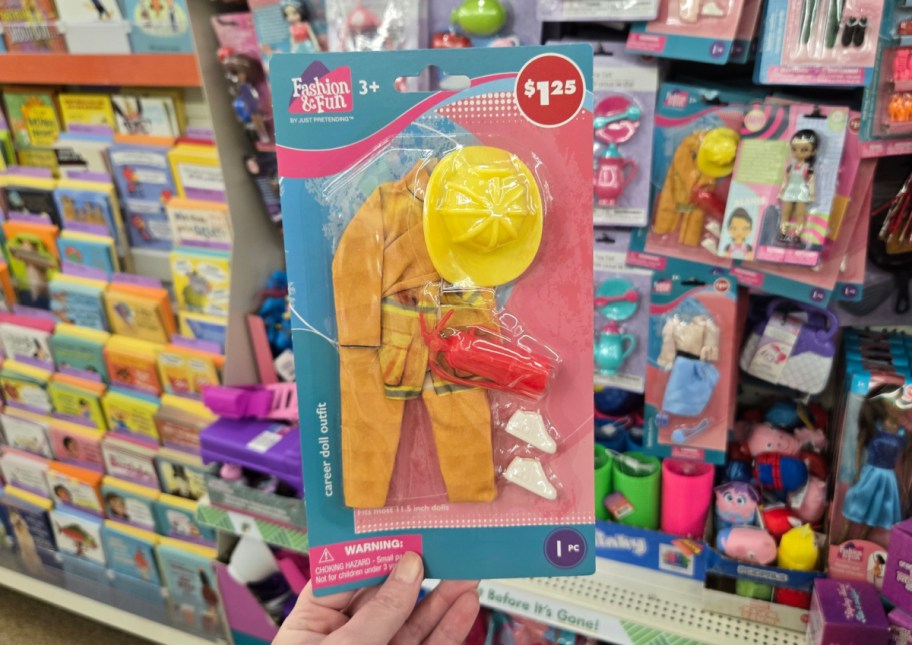 A firefighter outfit from the Fashion doll and Barbie accessories and clothing section of dollar tree