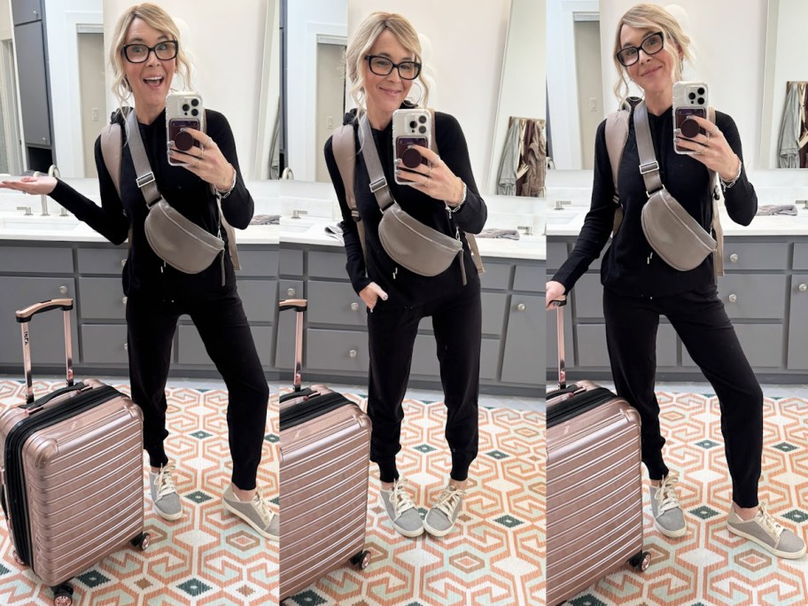 three photos of woman in matching black hoodie and jogger outfit with sling bag and luggage in bathroom mirror