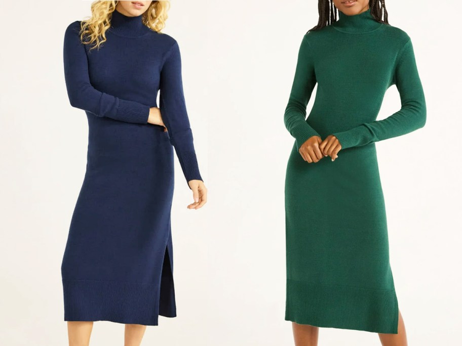 women in dark blue and green long sleeve sweater dresses