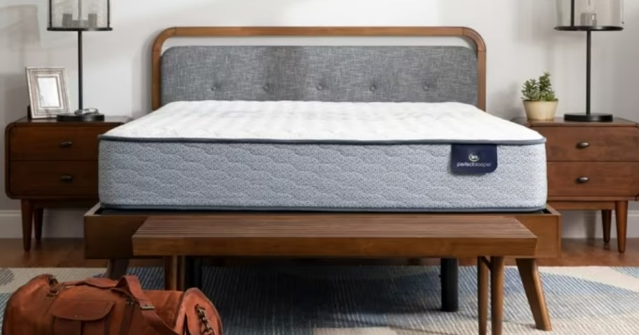 a mattress on a wood platform bed in a bedroom