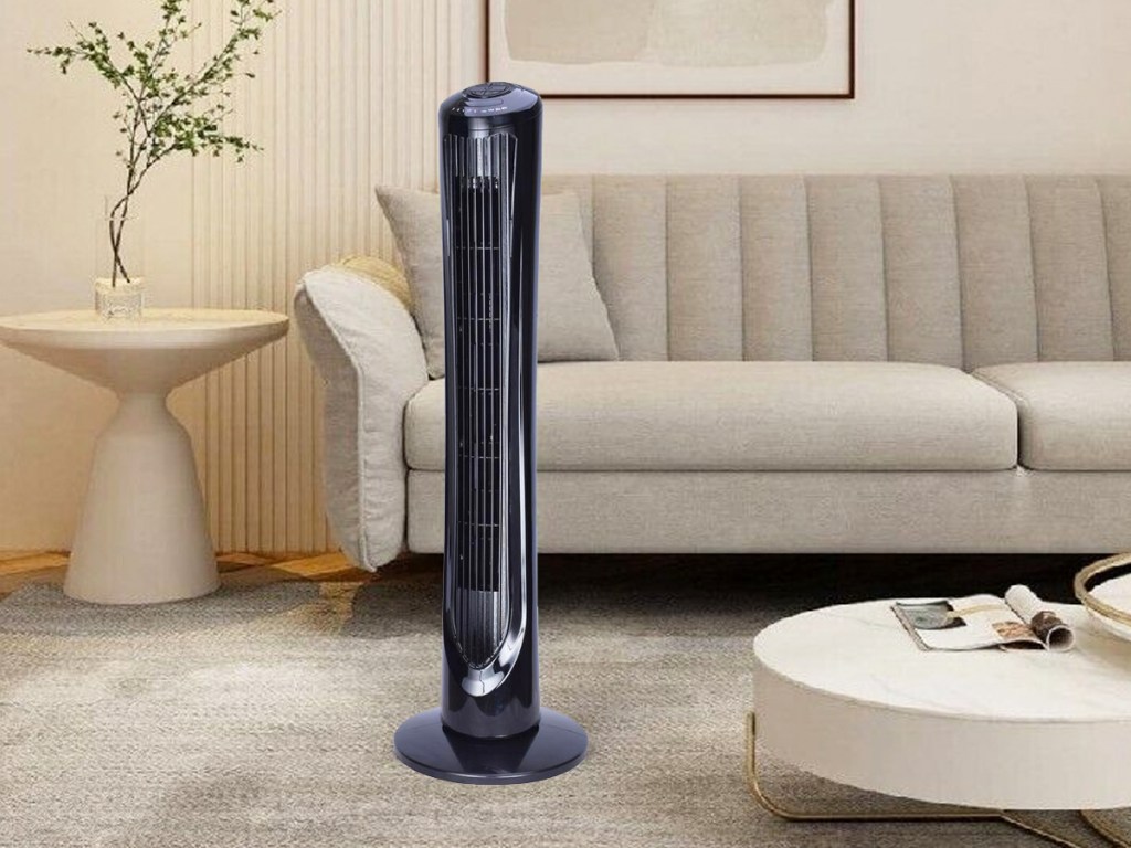 black tower fan in living room