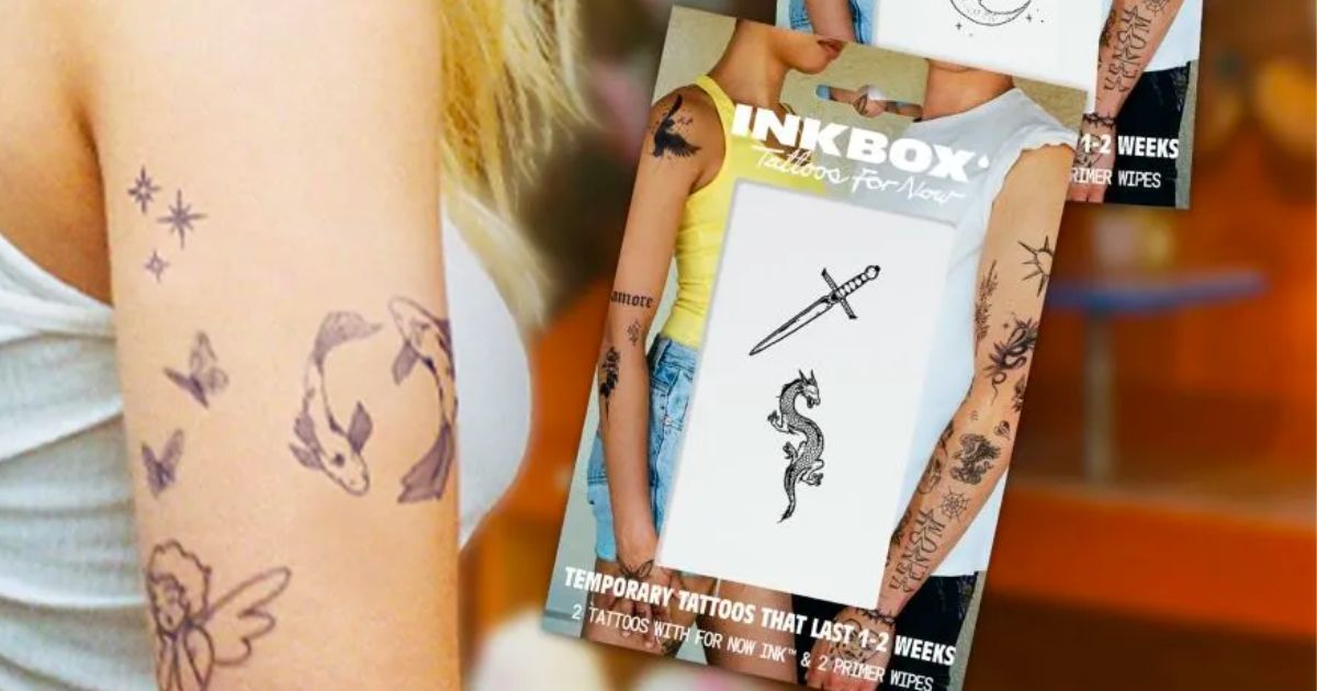 Inkbox tattoos package next to a woman's arm with tattoos applied