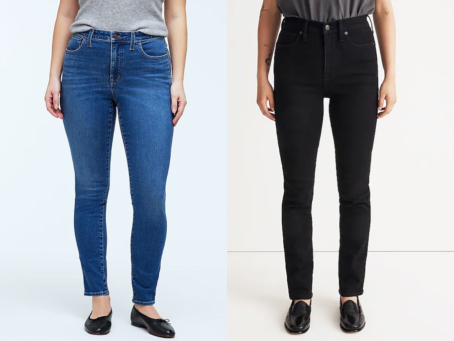 two women modeling medium wash and black skinny jeans