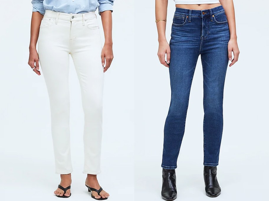 two women modeling white and dark wash jeans