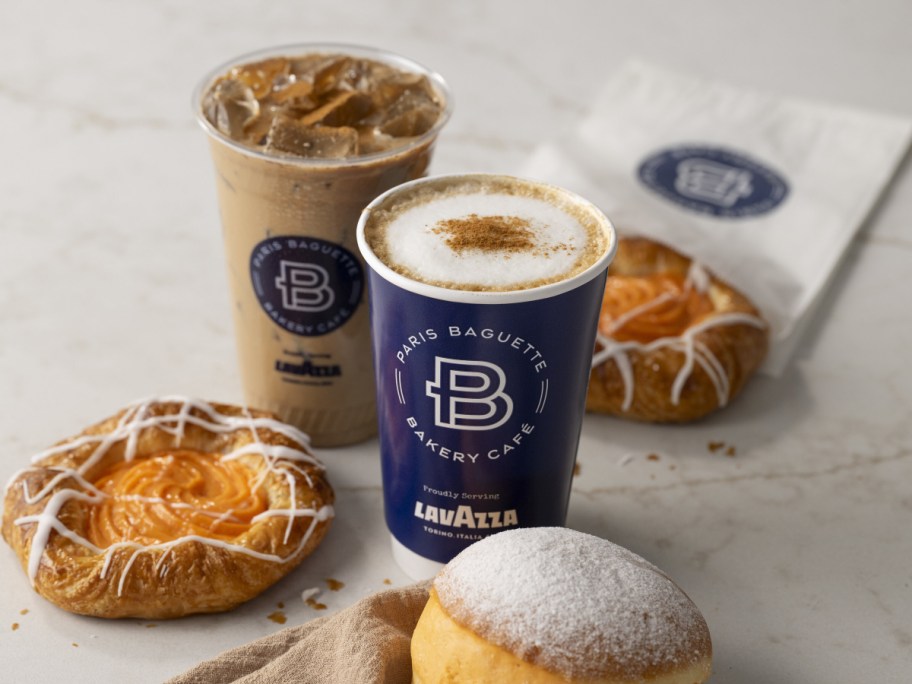 two cups of hot coffee with pastries from Paris Baguette