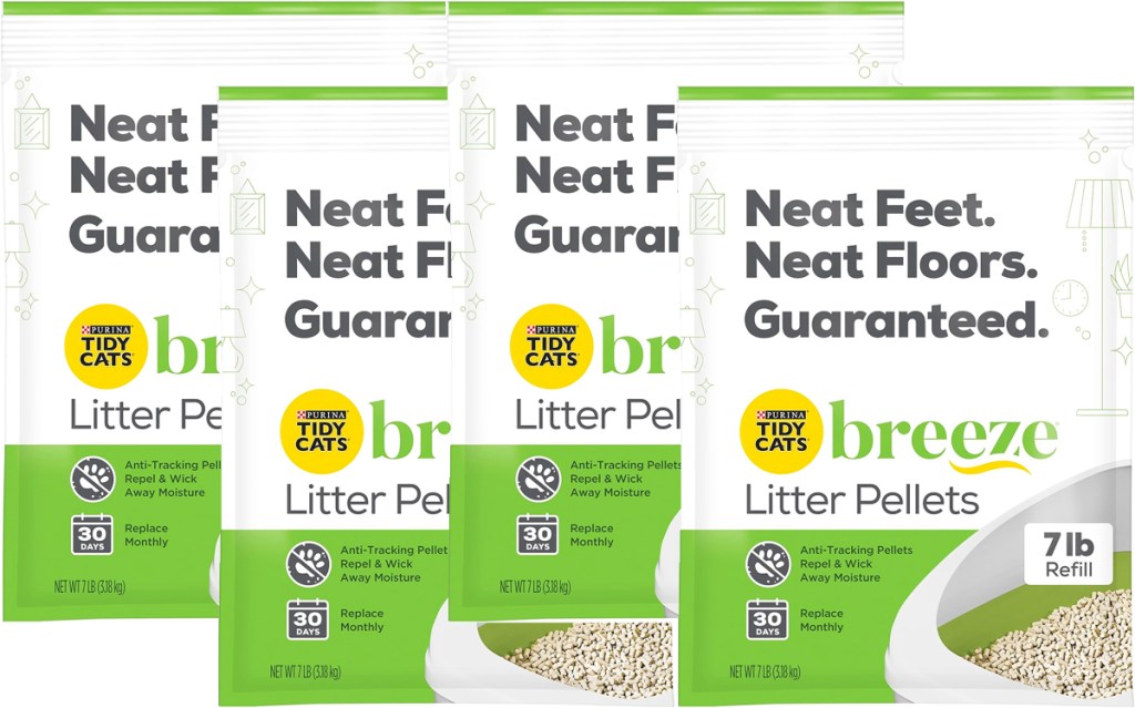 four bags of Purina Tidy Cats Breeze Litter Pellets Refill