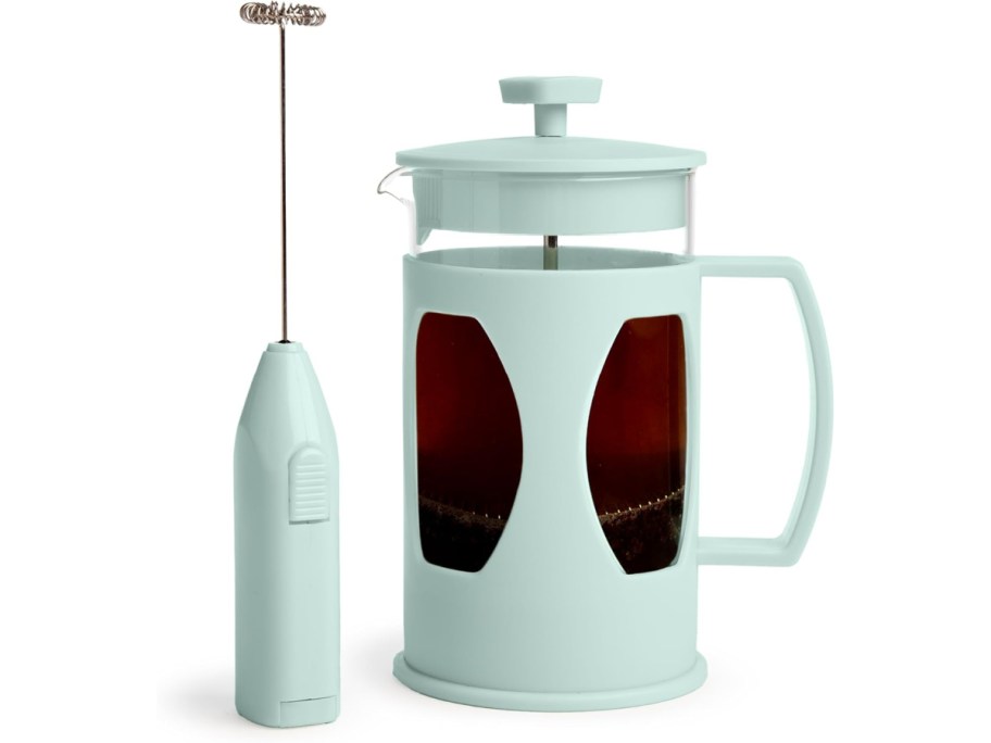 stock image of Tasty French Press and Frother Coffee Set