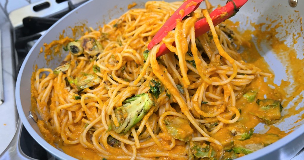 butternut squash spaghetti in a skillet 