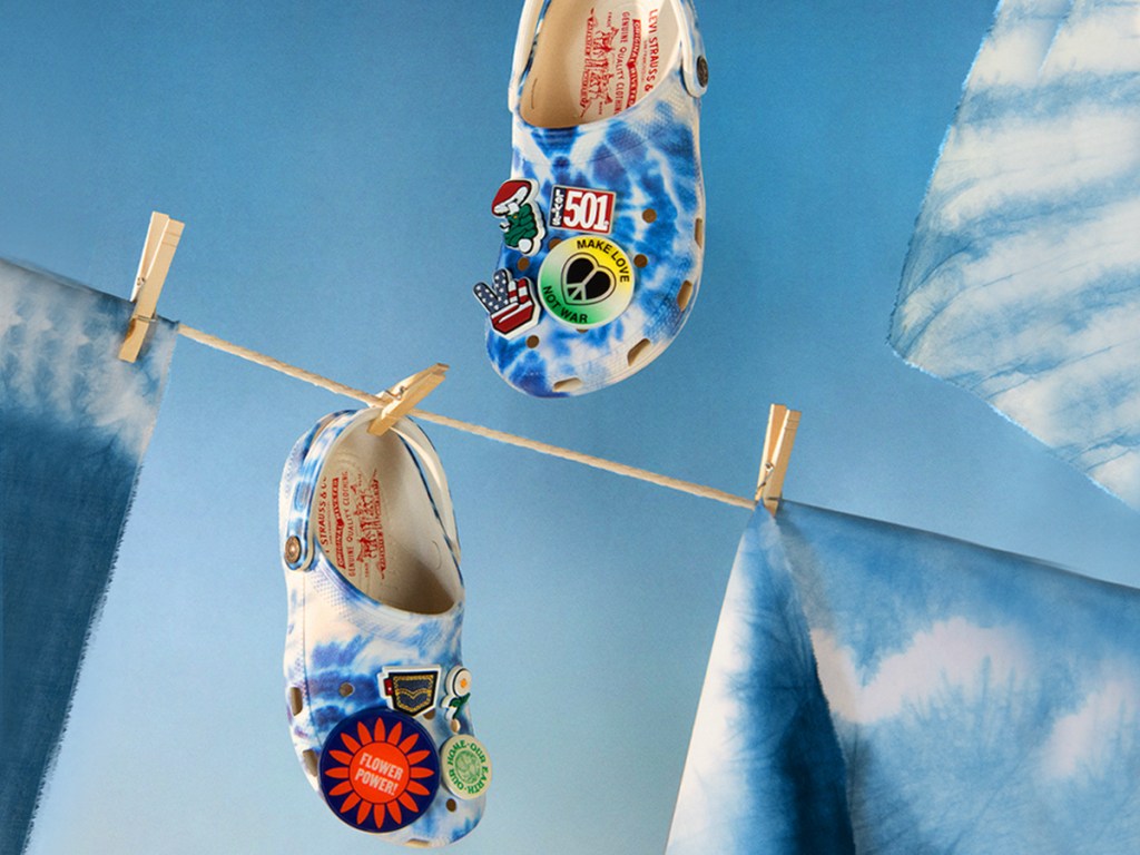 tye die levis crocs hanging off clothes line