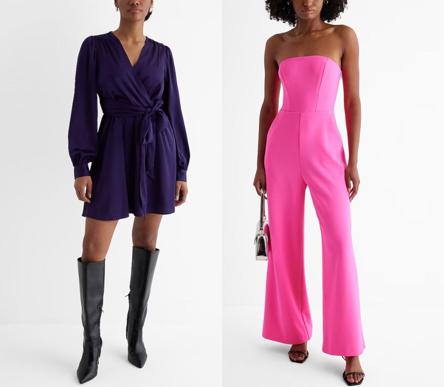 a model wearing a purple satin dress shown with a model wearing a hot pink jumpsuit