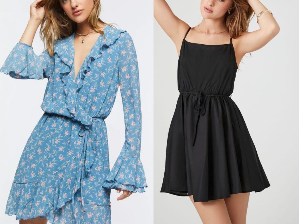 blue floral ruffle dress and black belt dress