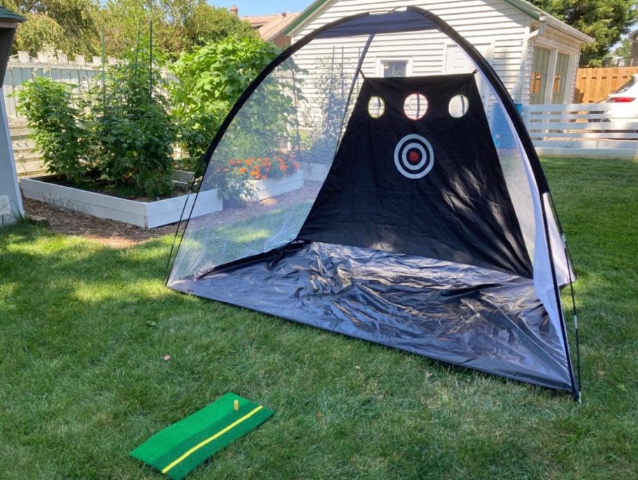 close up of golf practice net in yard 