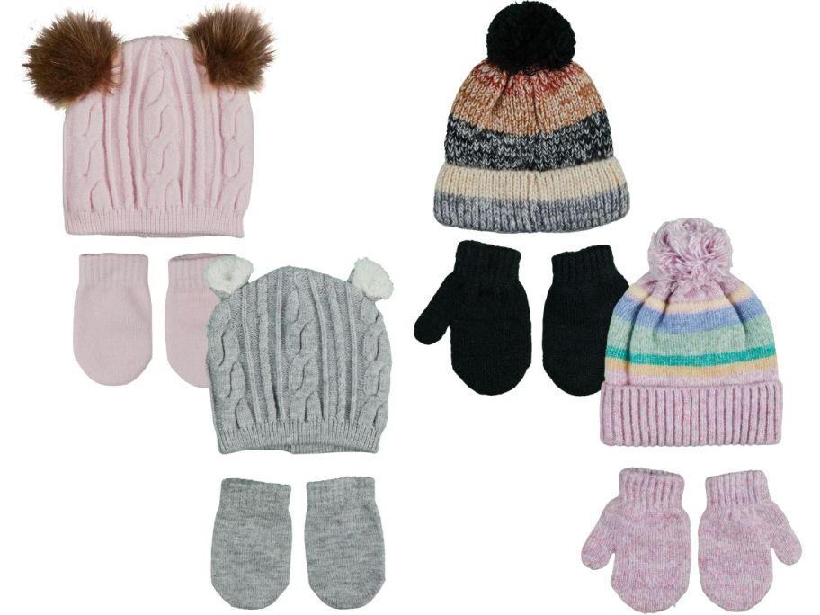 four kids beanies with gloves and mittens sets