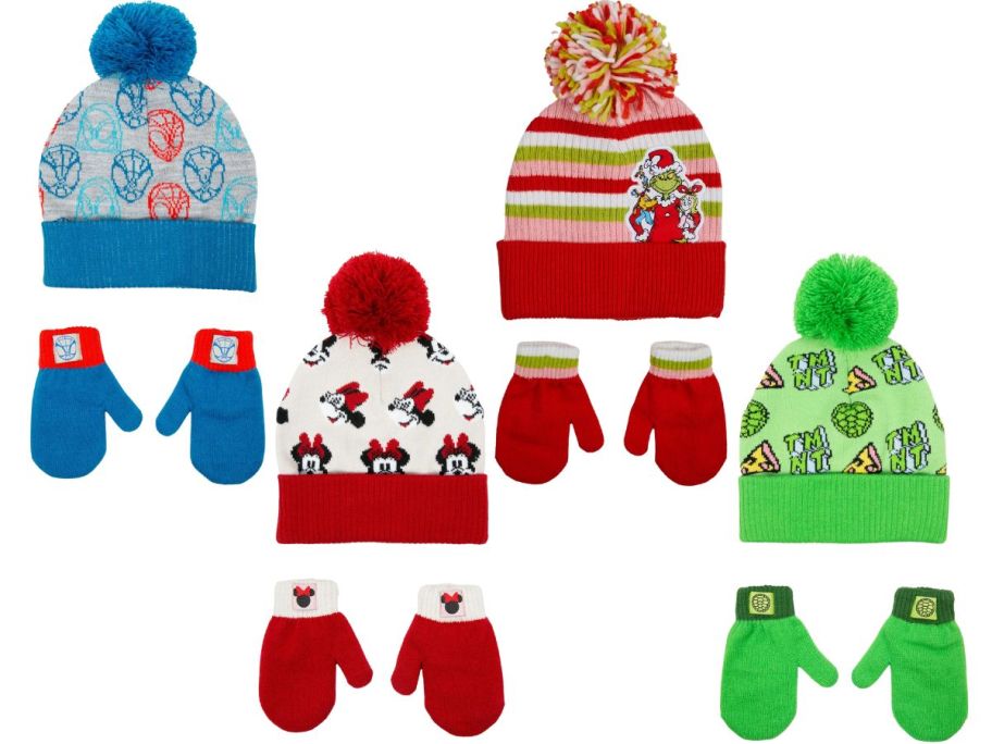 four kids character beanies with mittens sets