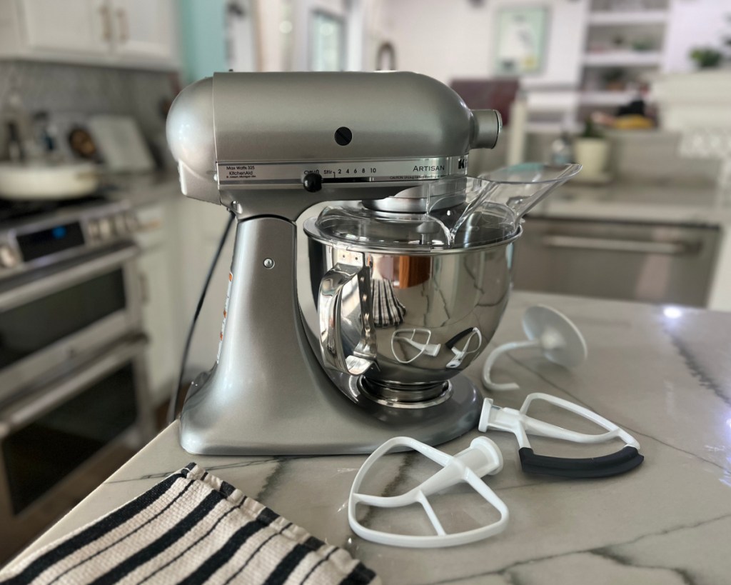 stainless steel 5 quart stand mixer in kitchen