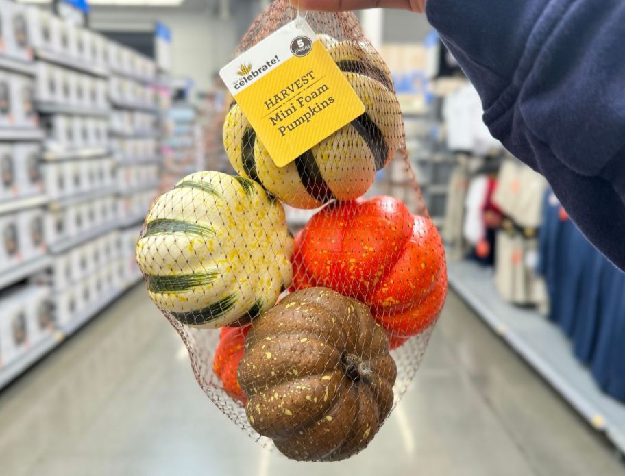 a womans hand holding a mesh bag of mini foam pumpkins