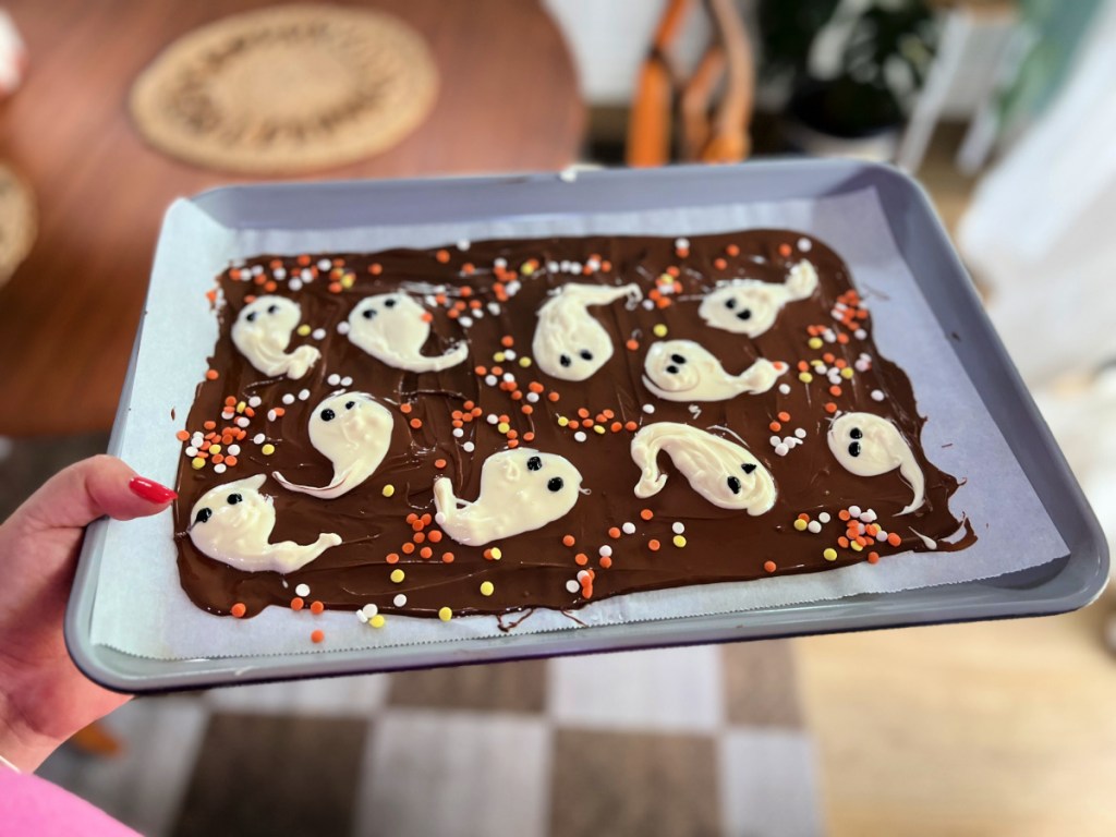 sheet pan with halloween ghost bark