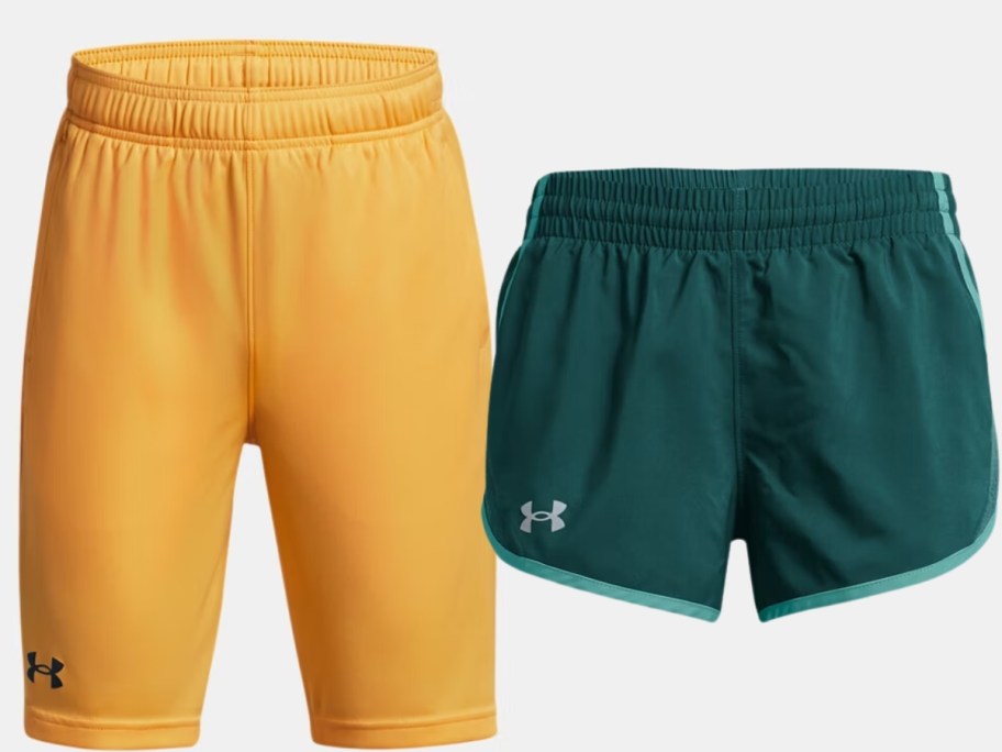 kids Under Armour shorts, a longer boys's shorts in yellow and a pair of girls in green