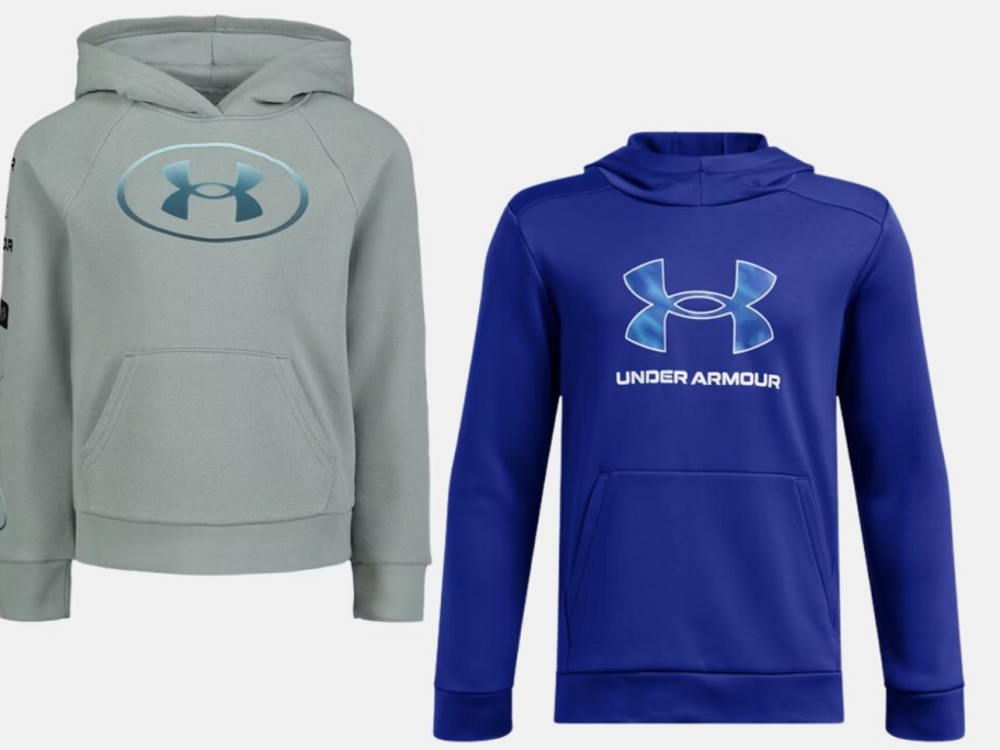 Under Armour kids hoodies - one is a greenish grey color and one is royal blue