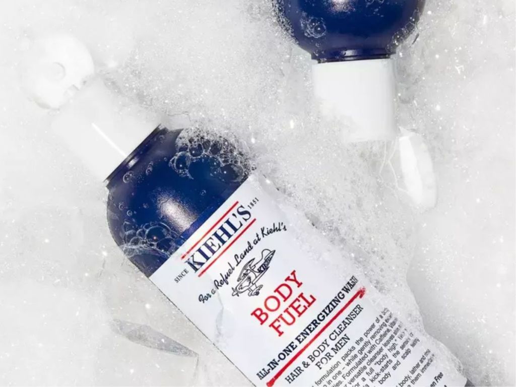 2 bottles of Kiehl's Body Fuel Wash for Men shown with bubbles