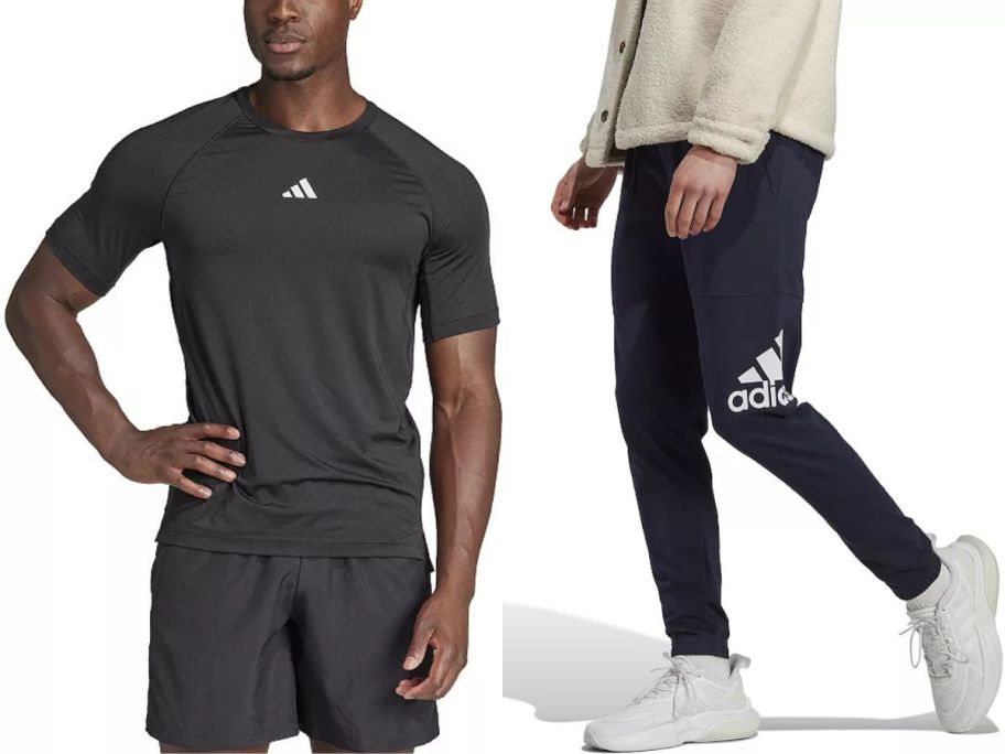 Stock images of a man wearing an adidas training tee and another wearing adidas pants